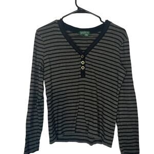 Lauren Ralph Lauren Gray & Black Striped Long Sleeve Henley Blouse Women Sz M